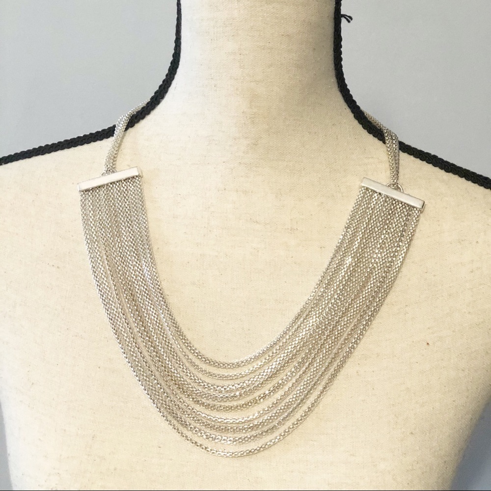 80s 90s Bohemian Multi Tiered Strand Silver Metal Necklace